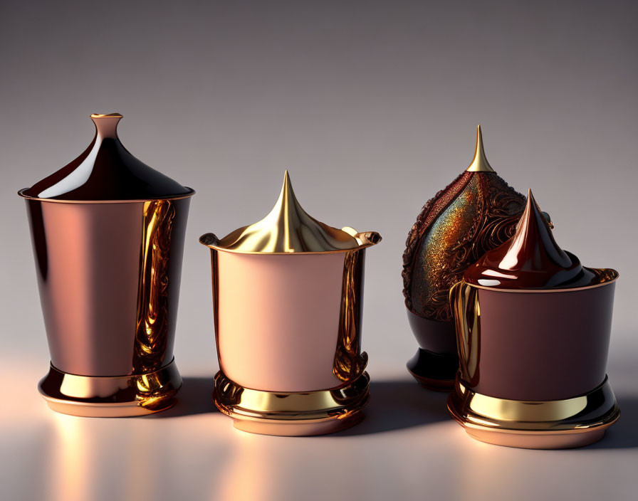 Three Copper Cup-Like Containers with Glossy Lids on Reflective Surface