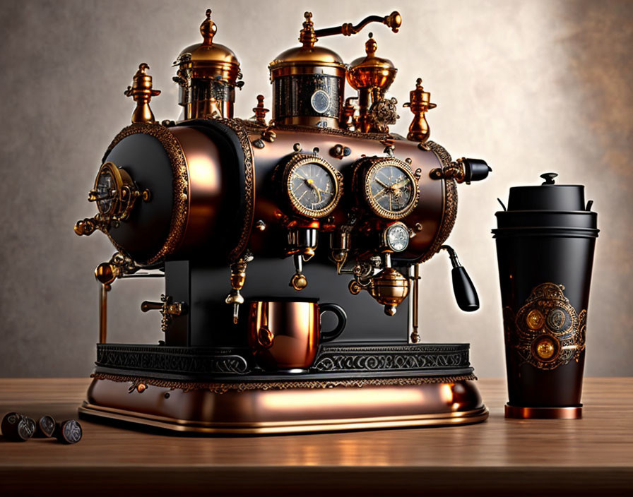 Steampunk-style espresso machine with gears and brass details beside a black coffee cup