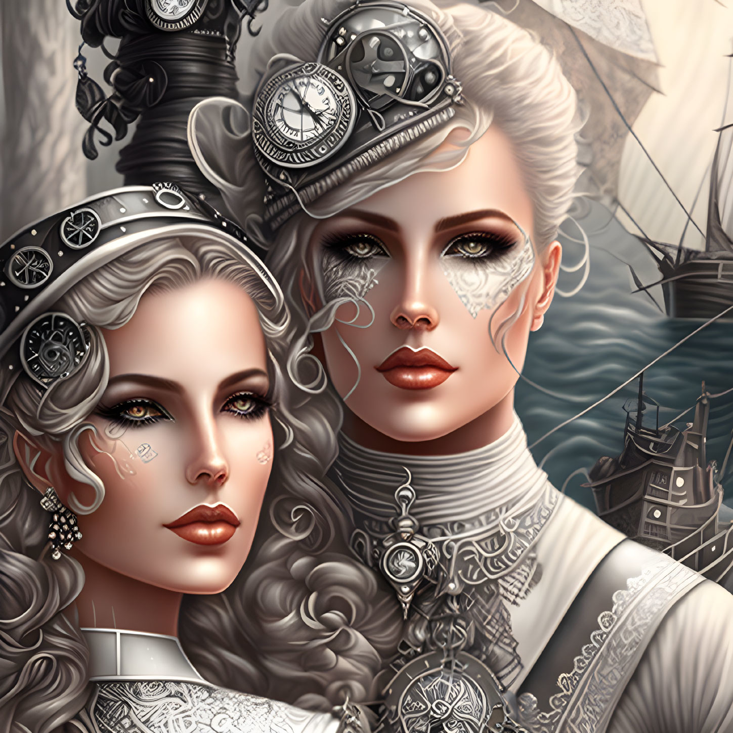 Two women with steampunk accessories and ship backdrop.