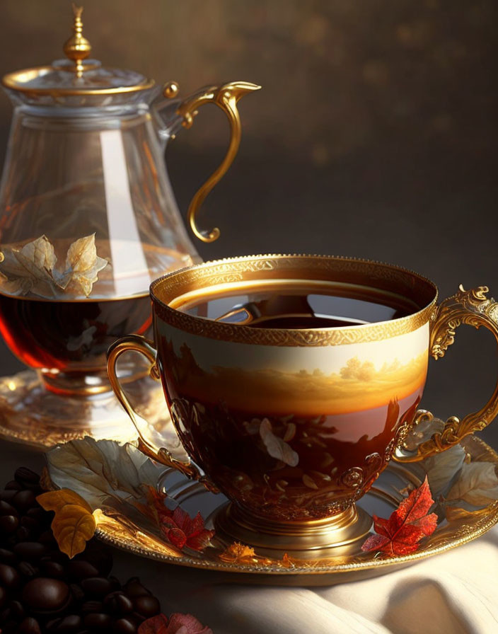 Golden Design Coffee Cup Surrounded by Beans and Autumn Leaves