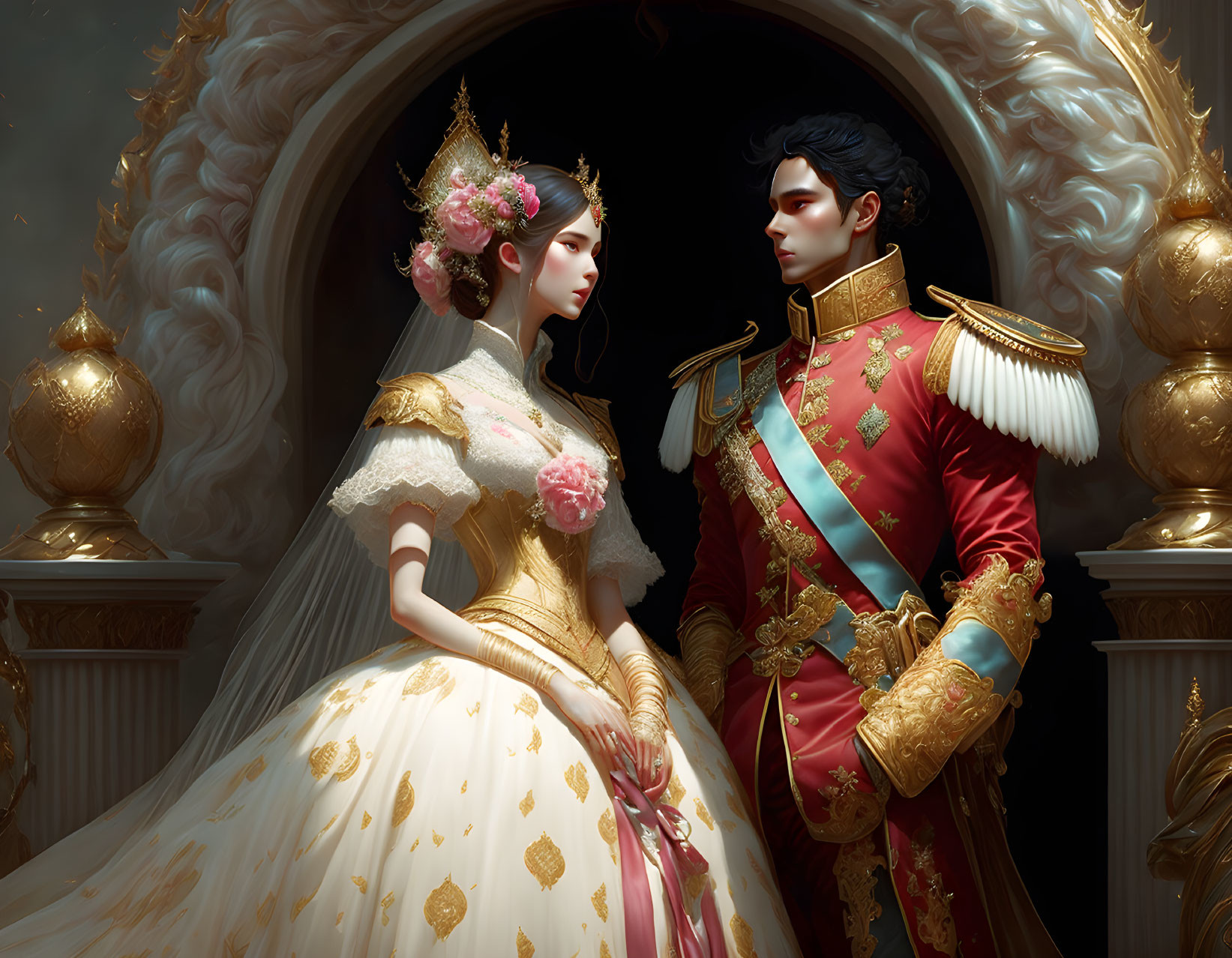 Regal couple in white and gold gown and red military uniform exude elegance and nobility