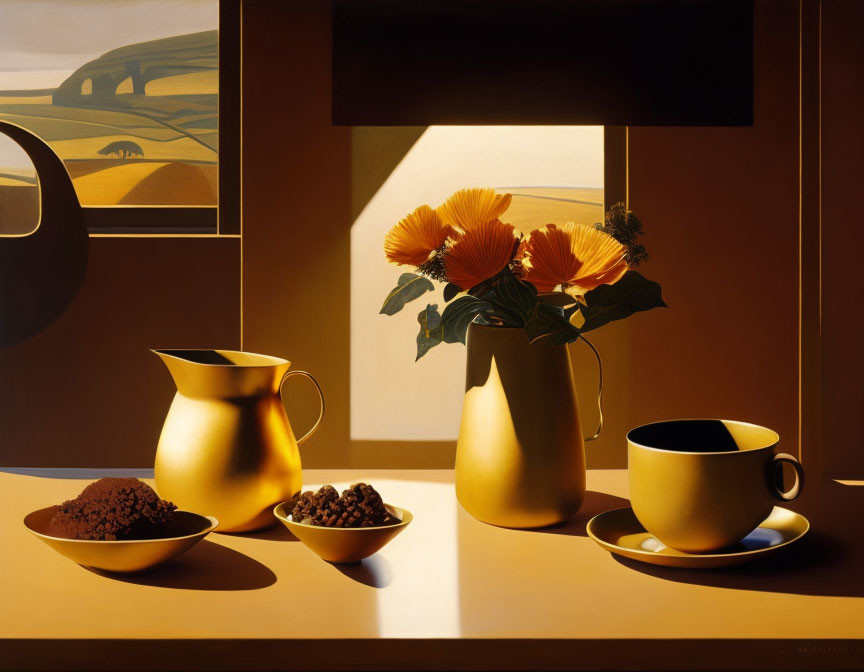 Still life painting: flowers, jug, cup, bowls, coffee beans, and landscape view