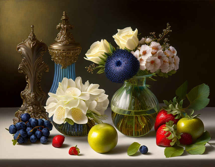 Ornate mirror with blue vase, roses, fruits, and flowers