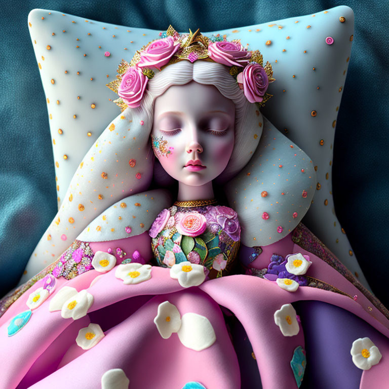 Digital illustration: Doll in ornate costume with floral headpiece on polka-dotted pillow