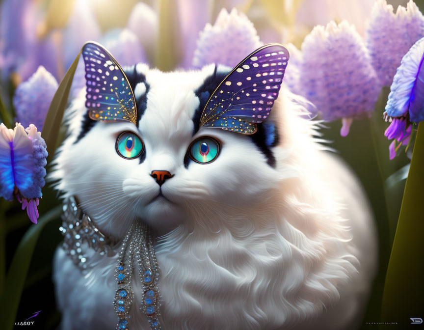 Whimsical white cat with blue eyes and butterfly-patterned ears in a digital artwork