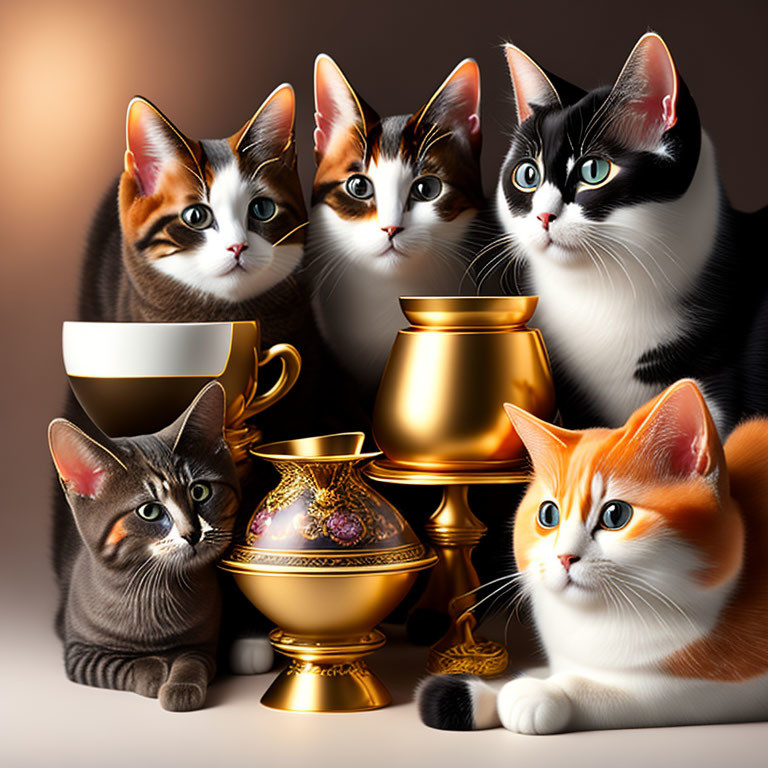 Realistic illustrated cats with patterns among ornate cups on warm background