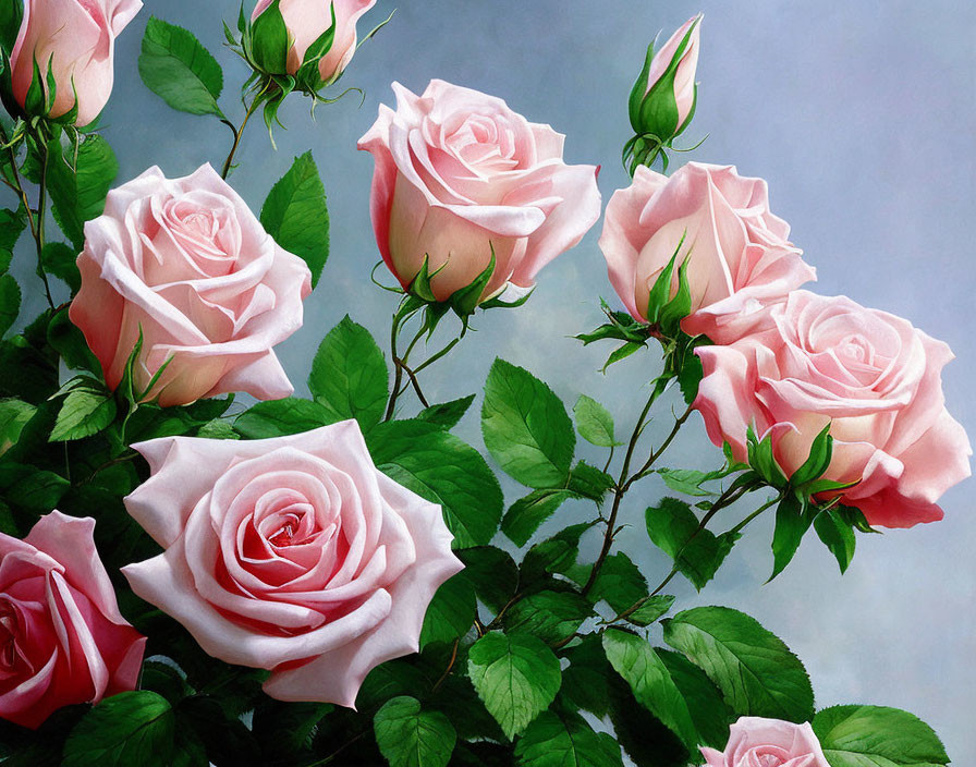 Delicate pink roses with lush green leaves on grey background