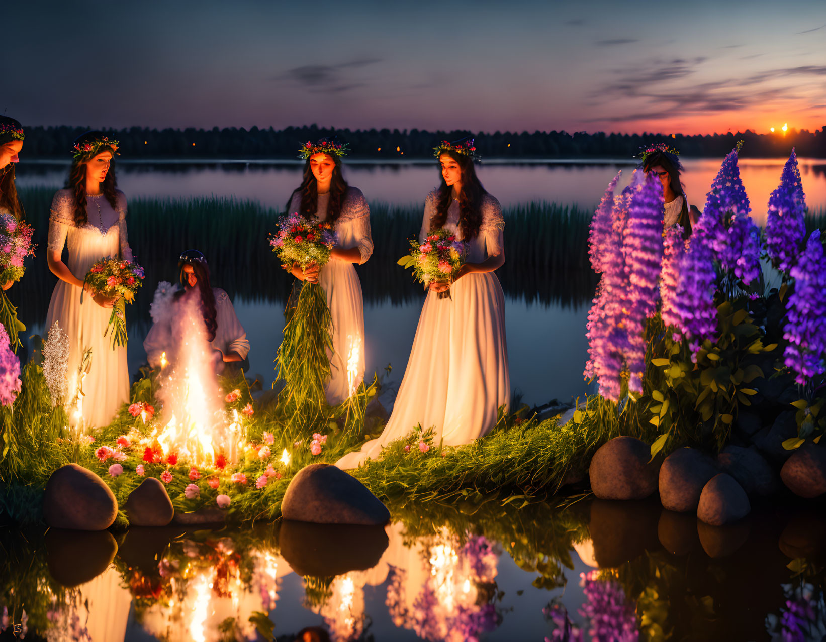 Women in White Dresses with Flower Crowns by River at Dusk