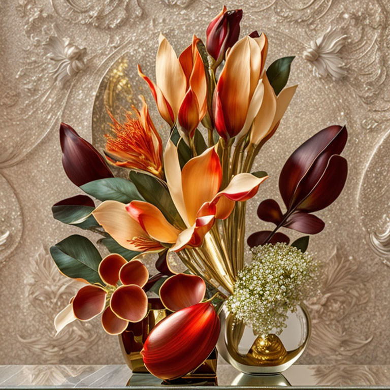 Assorted Red, Orange, and Cream Flowers on Beige Background