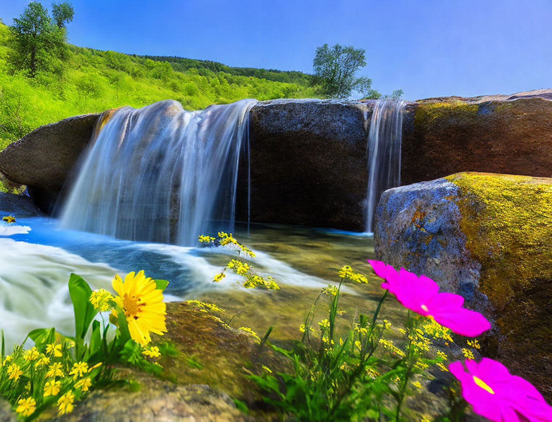 Tranquil waterfall over rock in lush greenery