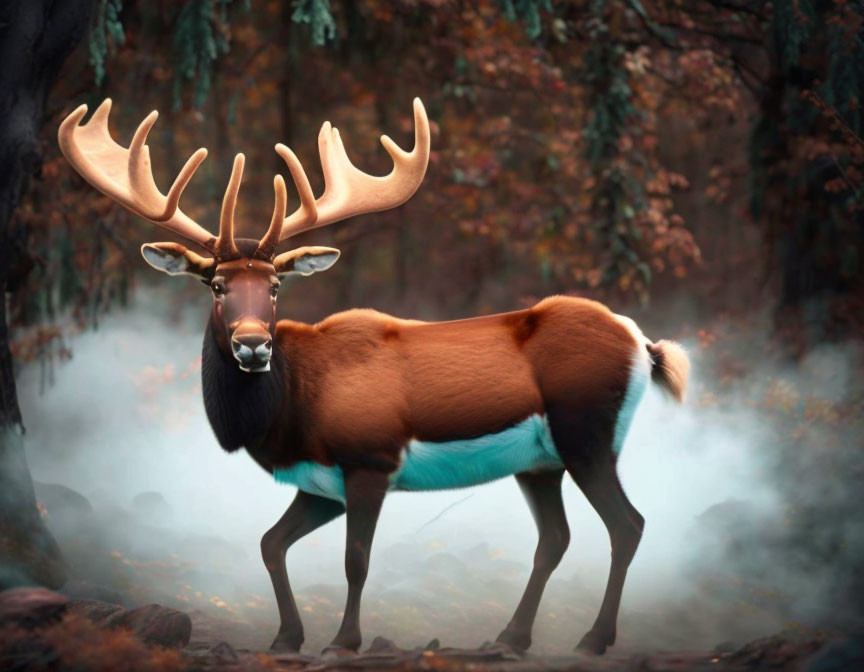 Majestic elk with impressive antlers in misty autumn forest