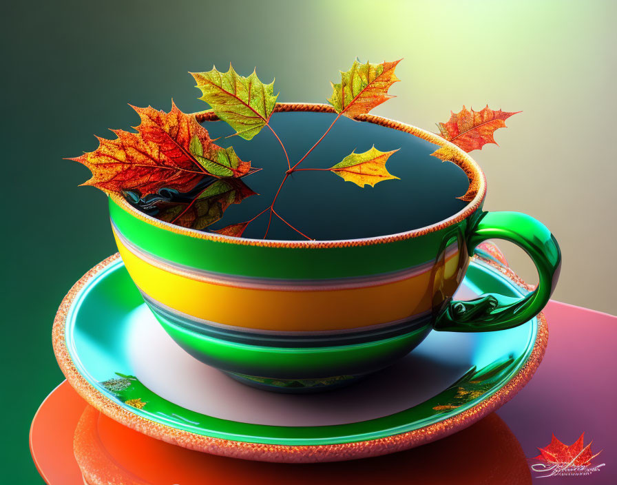 Colorful cup and saucer with autumn leaves in water on gradient background