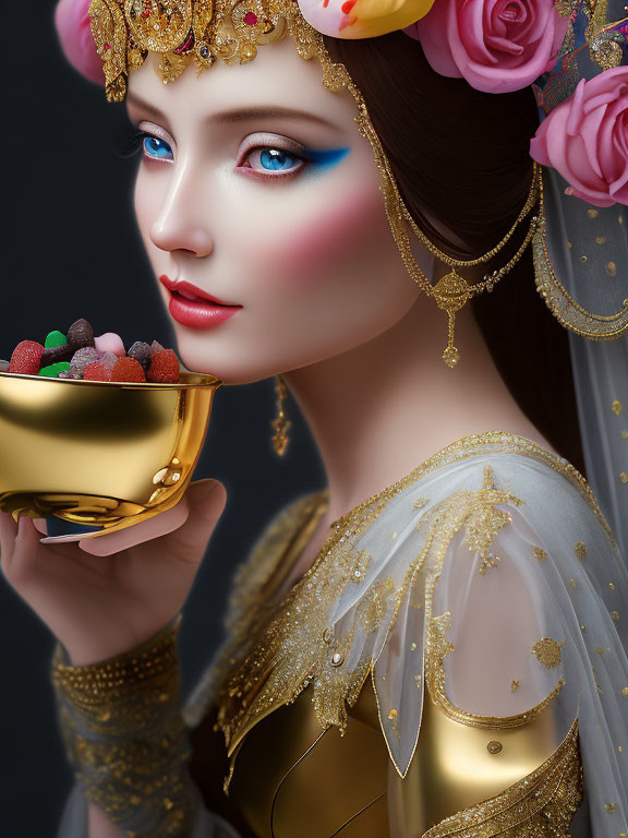 Fantasy digital artwork of a woman with blue eyes and gold headpiece holding berries