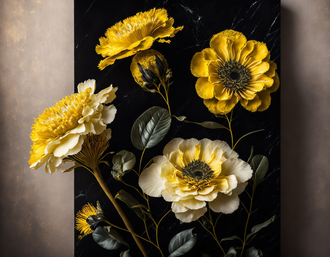 Luxurious Floral Arrangement with Vibrant Yellow Flowers on Dark Marble