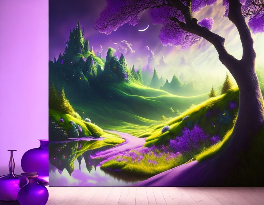 Majestic purple tree in fantasy landscape wallpaper