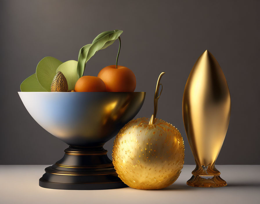 Metallic bowl with fruits and gold leaf object on grey background