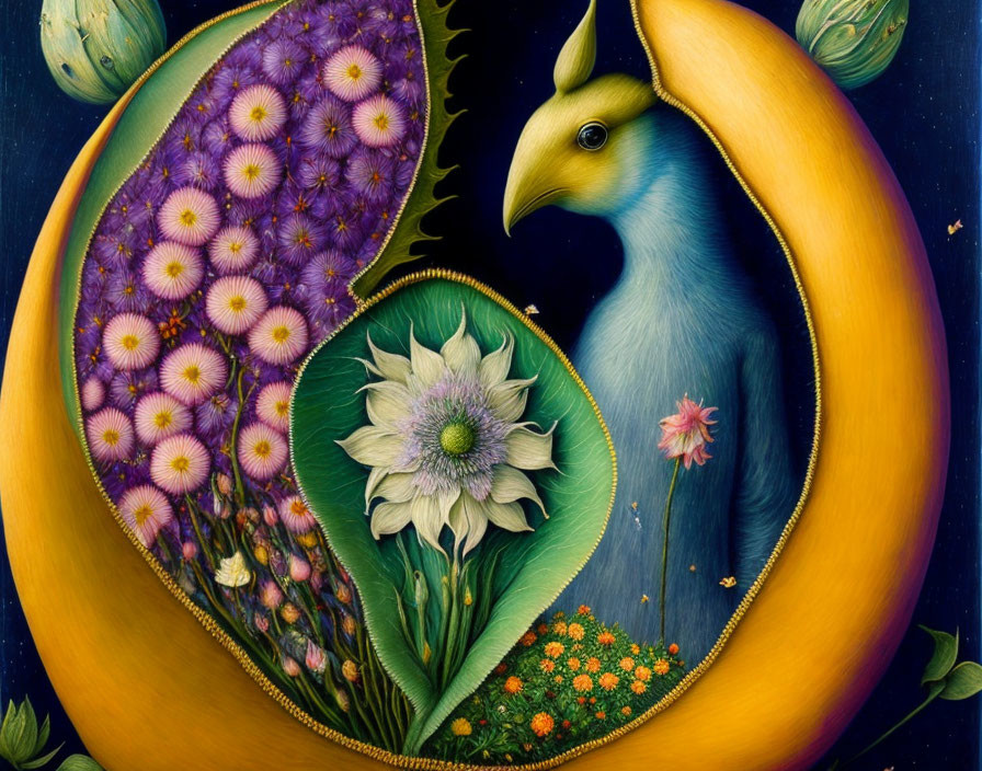 Vibrant surreal art: blue creature among floral and fruit shapes