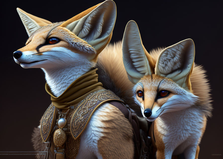 Detailed anthropomorphic foxes in ornate attire against dark backdrop