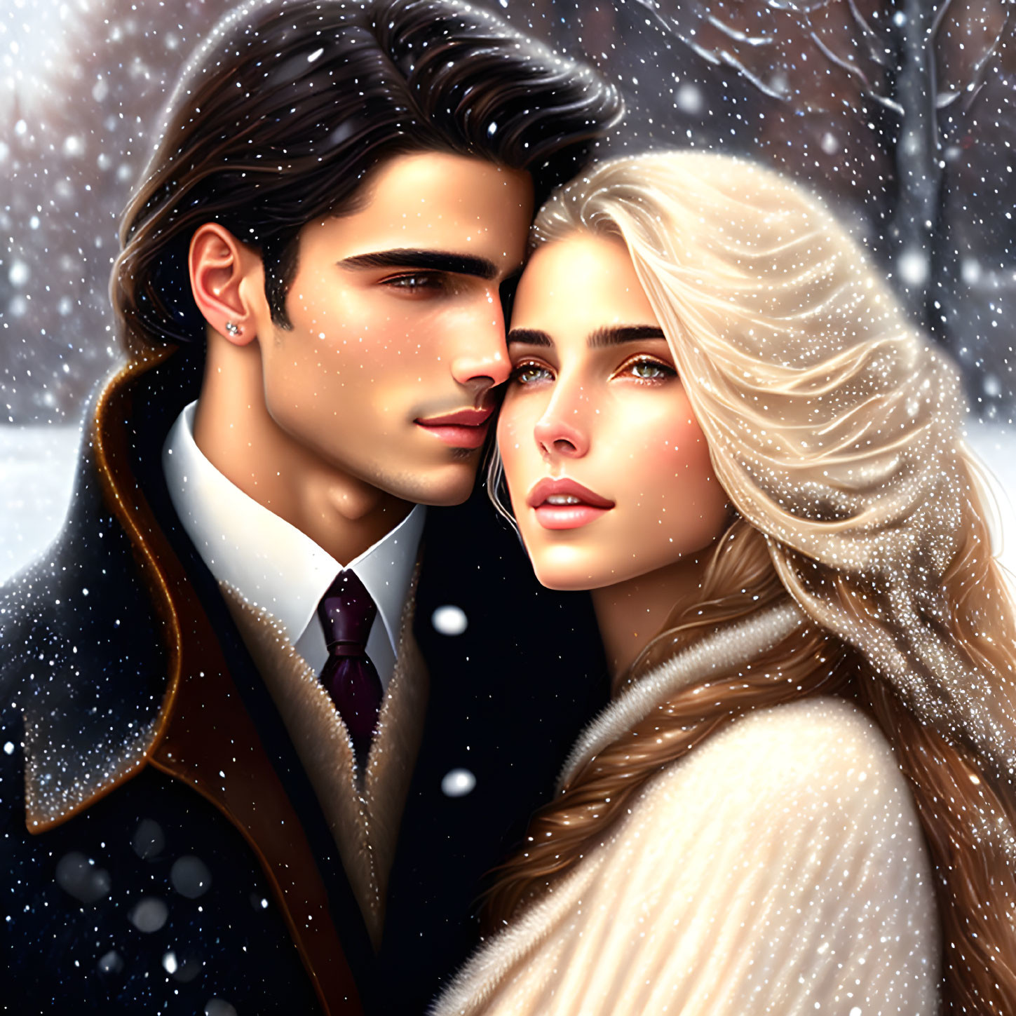 Romantic couple embracing in snowfall with intense gazes