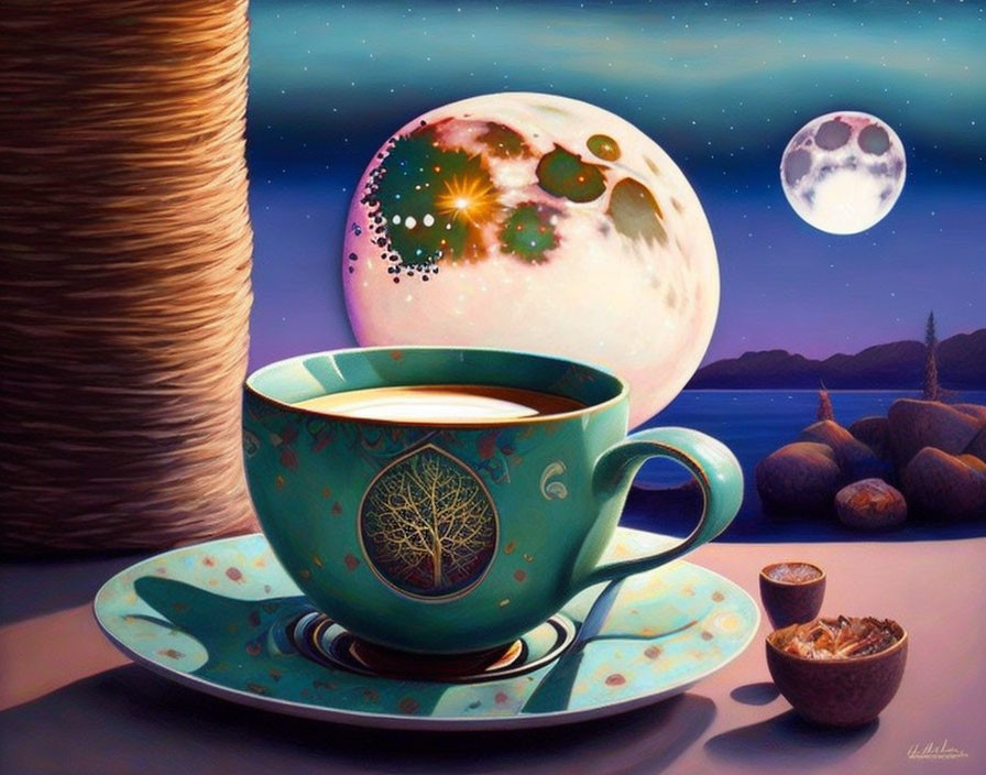 Surreal artwork: Large coffee cup with tree design, wicker ball, cosmic scenery, two