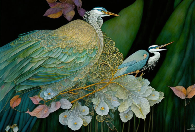 Stylized herons with intricate feather patterns in lush greenery.