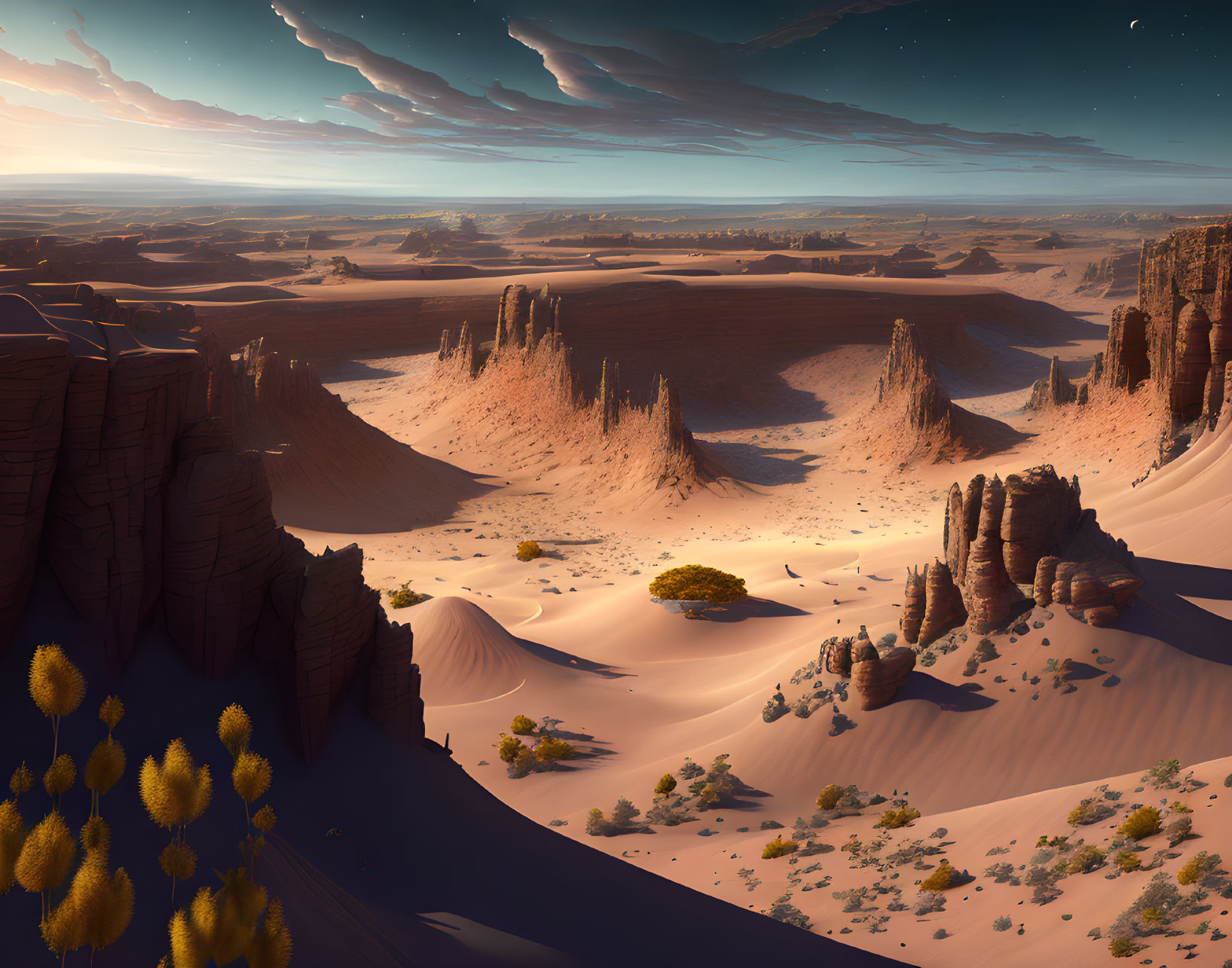 Desert landscape with rock formations, sand dunes, vegetation, and vast sky