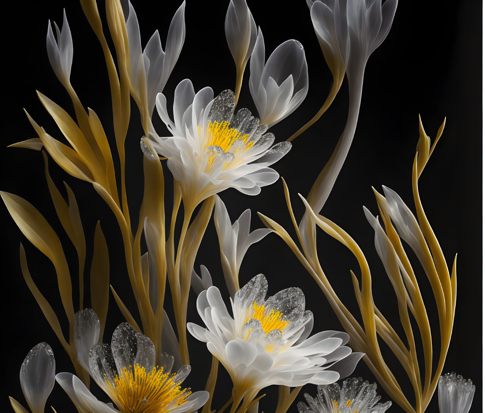 Stylized white and gold flowers in elegant digital art