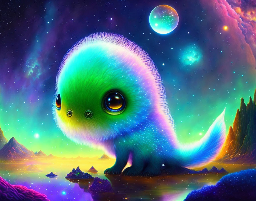 Colorful illustration of cute creature in cosmic setting