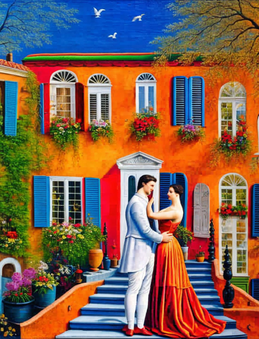 Colorful painting of couple embracing on steps of flower-adorned house