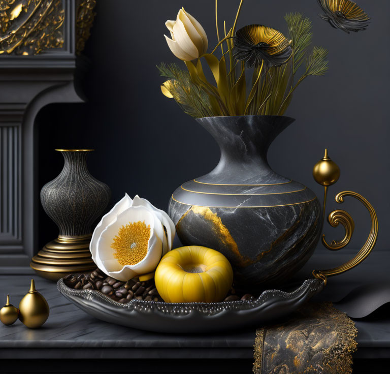 Black and Gold Vase with Tulips and Decorative Objects on Dark Background