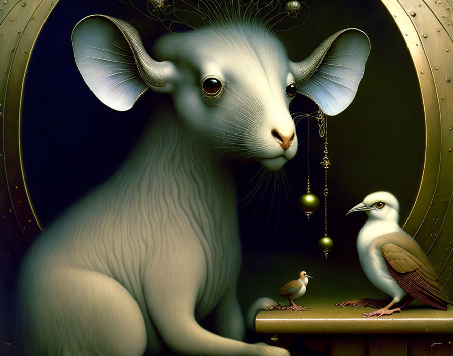 Surreal painting featuring white ram with human-like eyes and birds