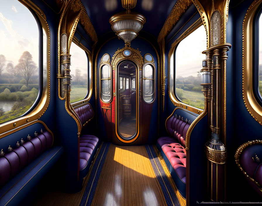 Luxurious Vintage Train Interior with Red Seats & Gold Accents