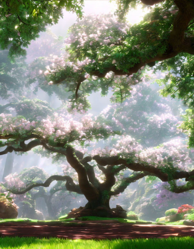 Majestic twisting tree with pink blossoms in lush green forest