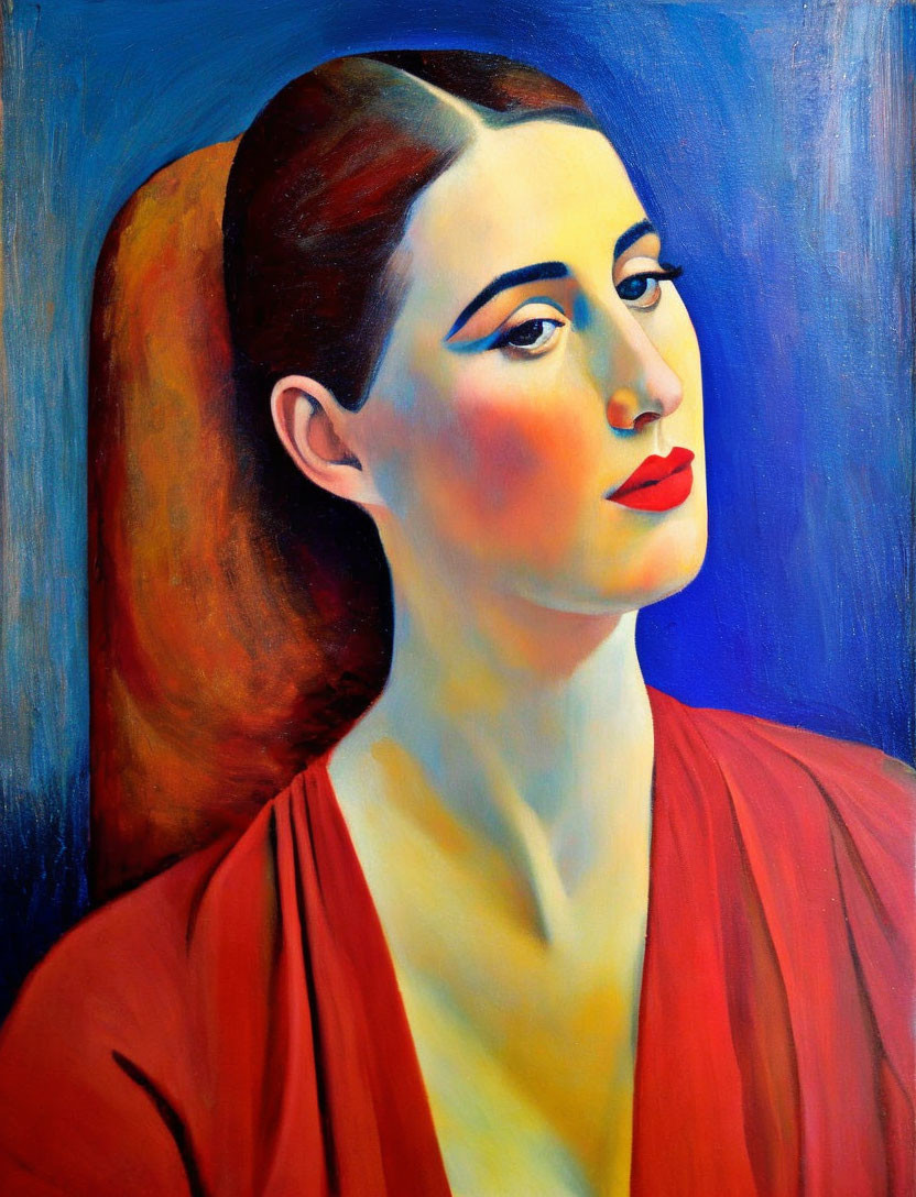 Vibrant portrait of woman with red lips and garment on blue and amber backdrop