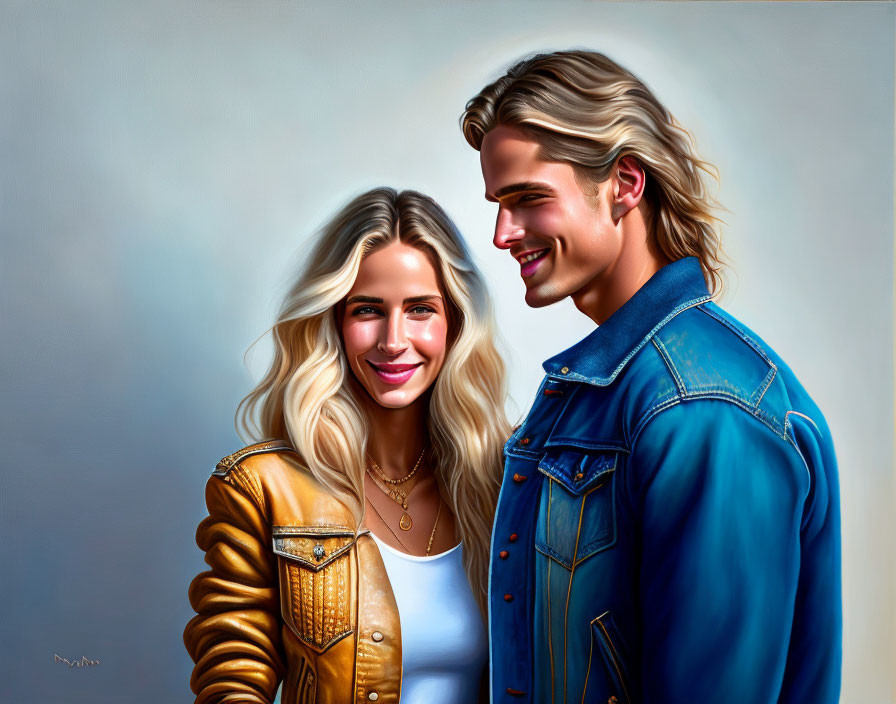 Smiling couple in yellow and blue attire with blond hair