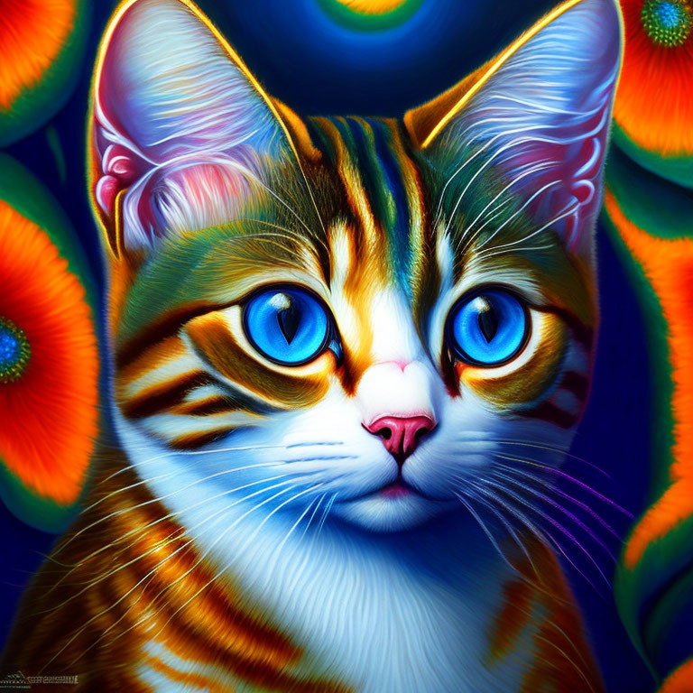 Vibrant cat portrait with blue eyes and floral patterns