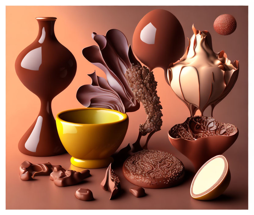 Abstract Composition Featuring Glossy Brown Objects and Yellow Bowl in Chocolate-inspired Theme