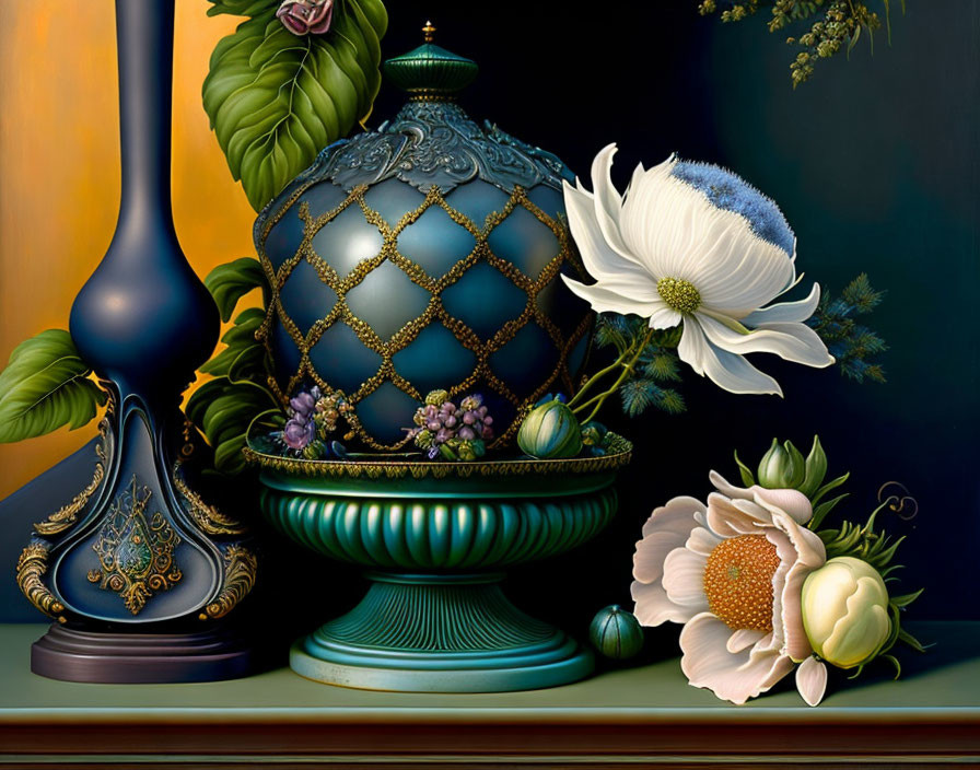 Intricate still life with urn, vase, and white flowers