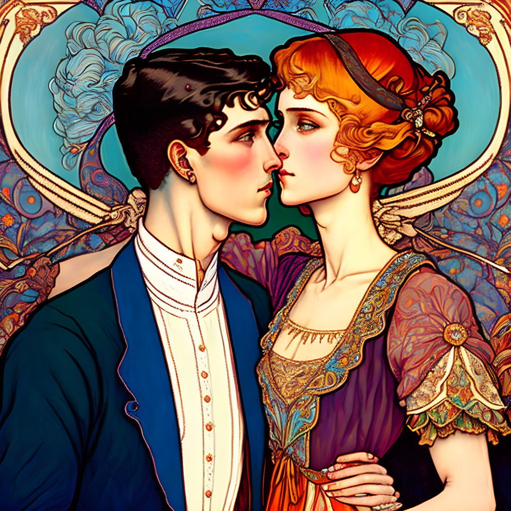 Vintage Clothing Couple Illustration with Vibrant Patterns