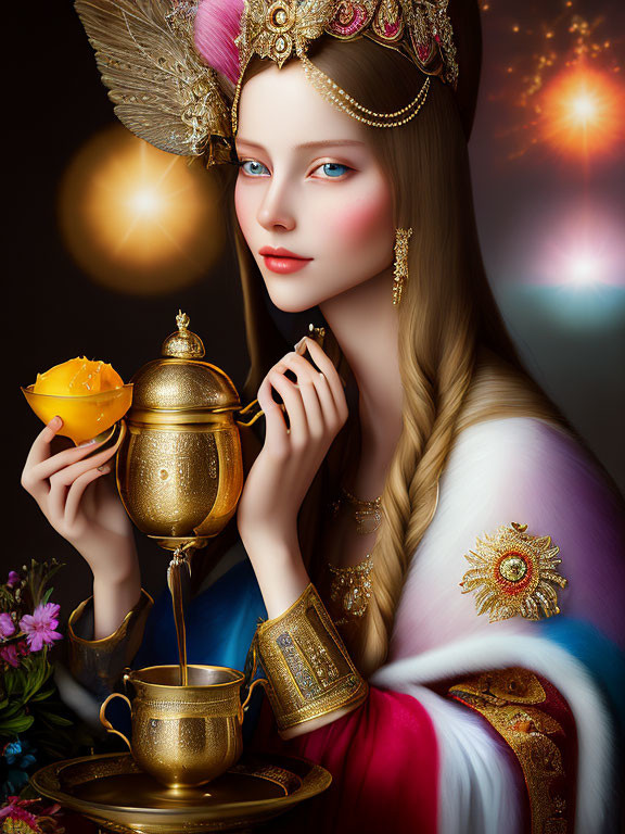 Regal woman digital artwork with golden chalice, pot, and jeweled headpiece