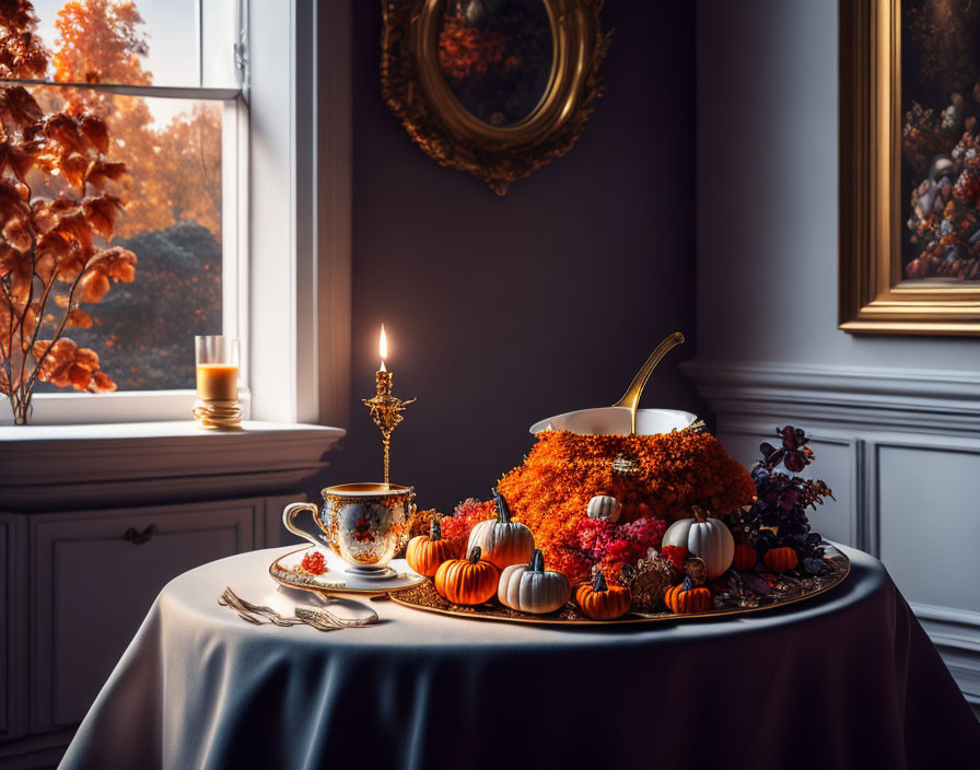 Autumn-themed table setting with candle, cup, centerpiece cake, pumpkins, and flowers