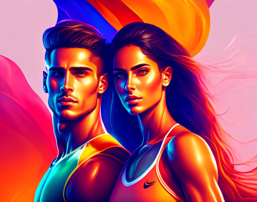 Colorful digital artwork featuring a man and a woman in athletic wear