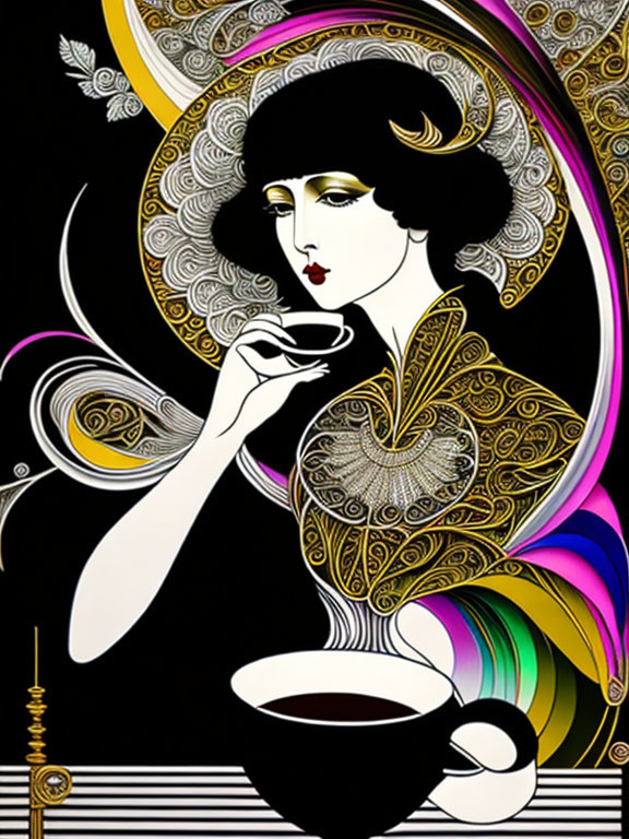 Stylized woman with pale skin sipping from cup in intricate gold and rainbow patterns