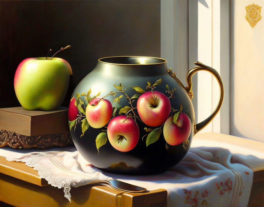 Still life painting: Black pot with apple designs, green apple, books on white cloth by window