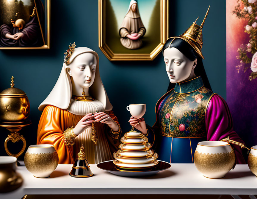 Surreal tea ceremony with historical figures and ornate decor