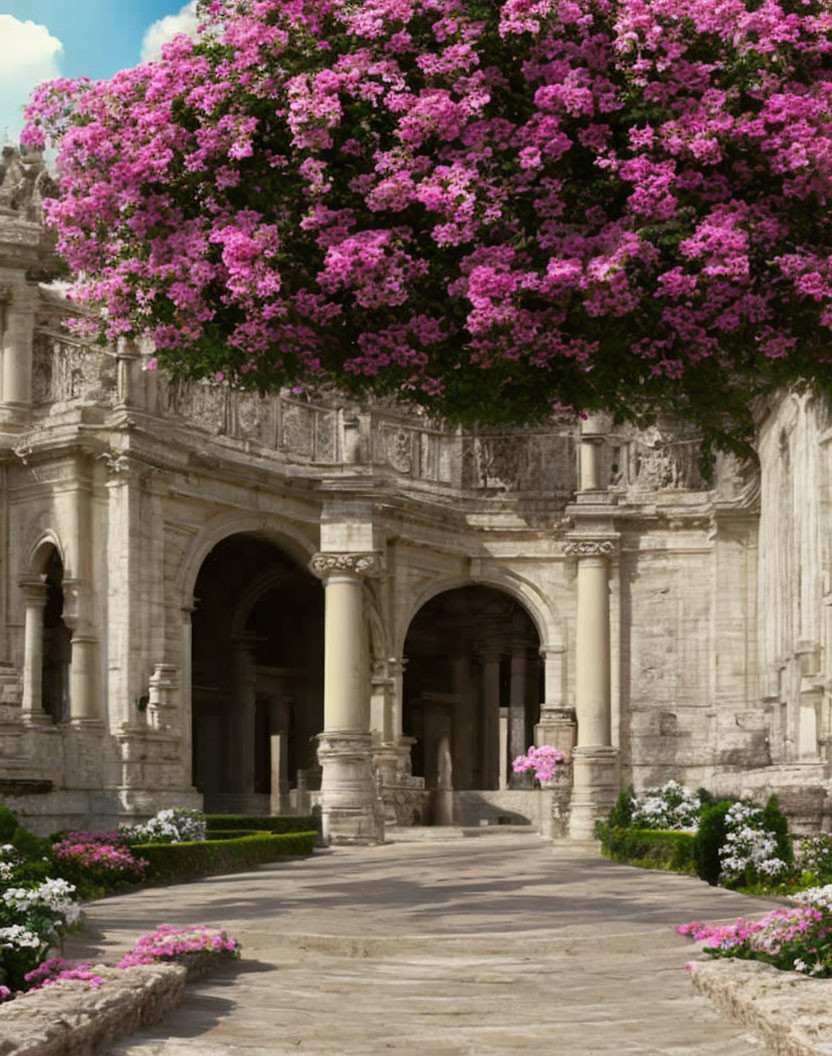 Stone pathway to arched entrance with columns, pink flowers, and flowering tree.