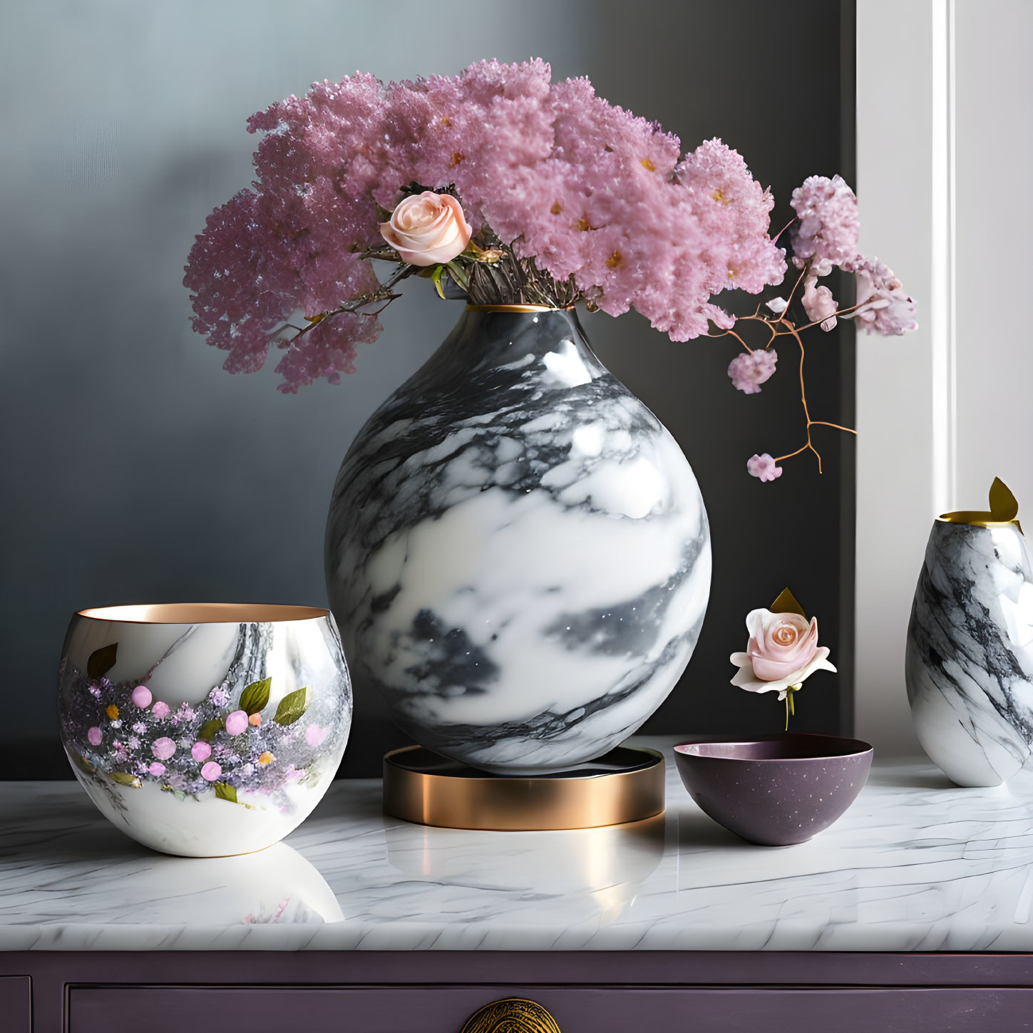 Marble vases with pink blooms on marble counter with gold and floral accents