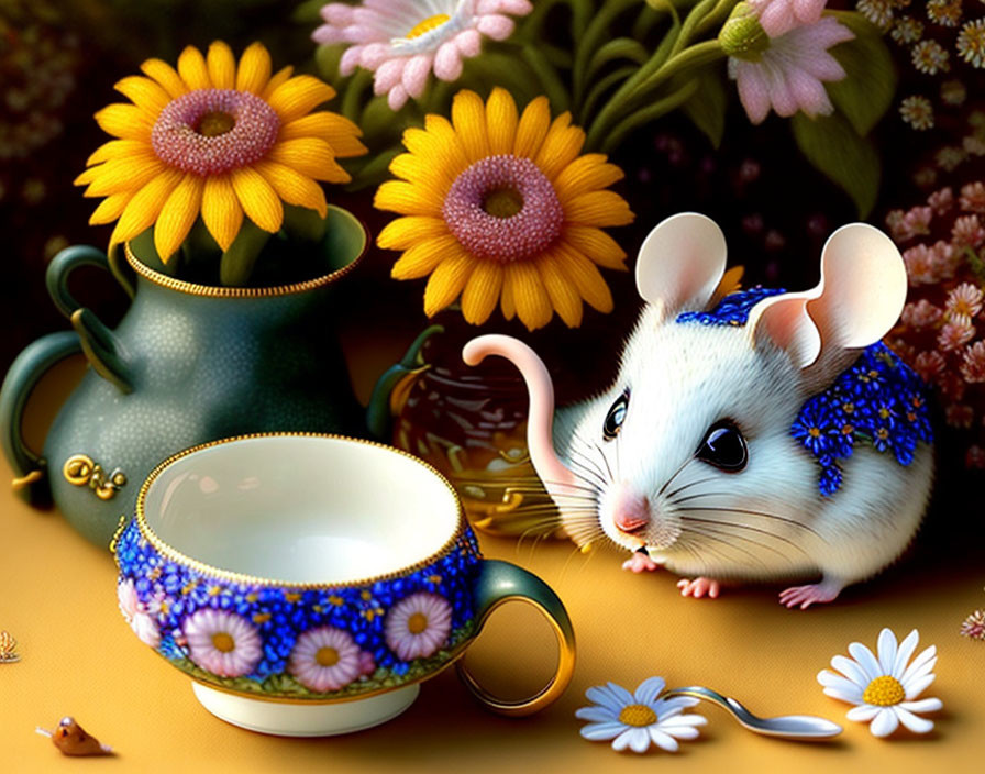 White Mouse with Blue Floral Patterns Beside Teacup and Sunflower Bouquet