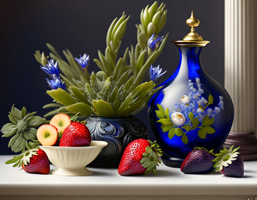 Blue vase with floral patterns, strawberries, bowl, blue flowers, and greenery in a still life