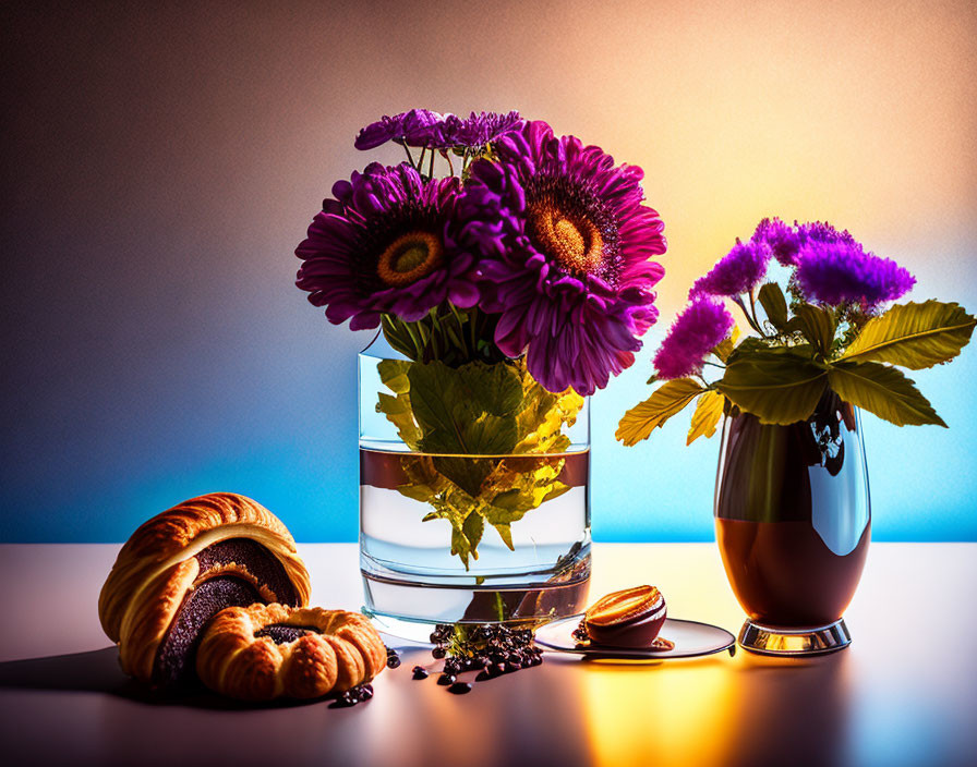 Colorful Still Life: Purple Flowers, Morning Light, Pastries & Berries